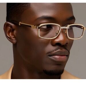 Rhinestone Glasses Gold Frame Wood Arm Clear Lens Hip Hop Fashion‎ Men Gangs New
